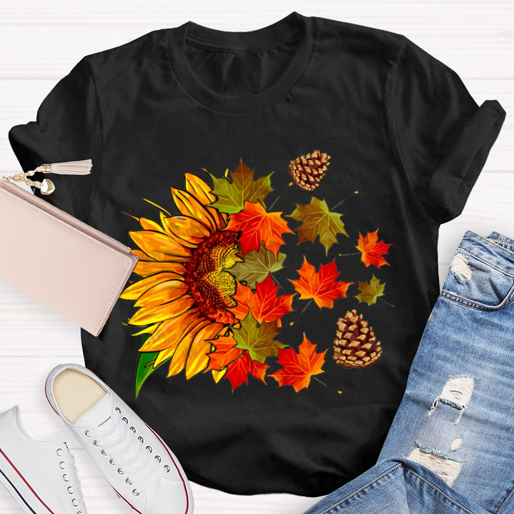 Colorful Maple Leaves And Sunflowers Fall Vibes T-shirt