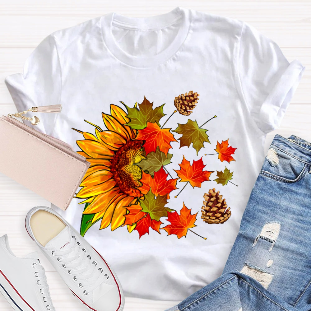 Colorful Maple Leaves And Sunflowers Fall Vibes T-shirt