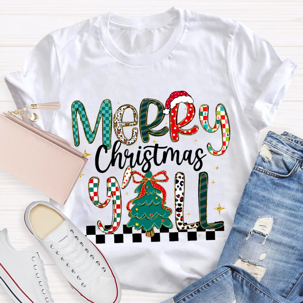 Merry Christmas Yall Colorful Fonts And Christmas Tree T-shirt
