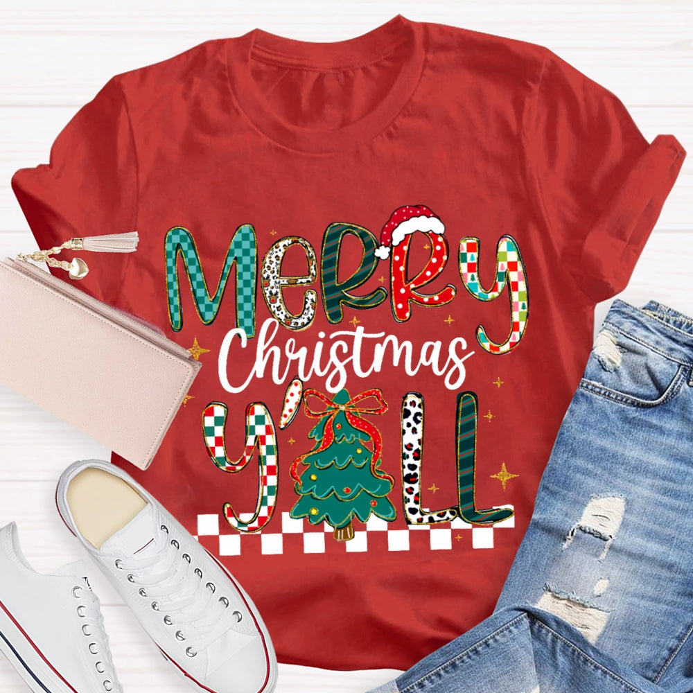 Merry Christmas Yall Colorful Fonts And Christmas Tree T-shirt