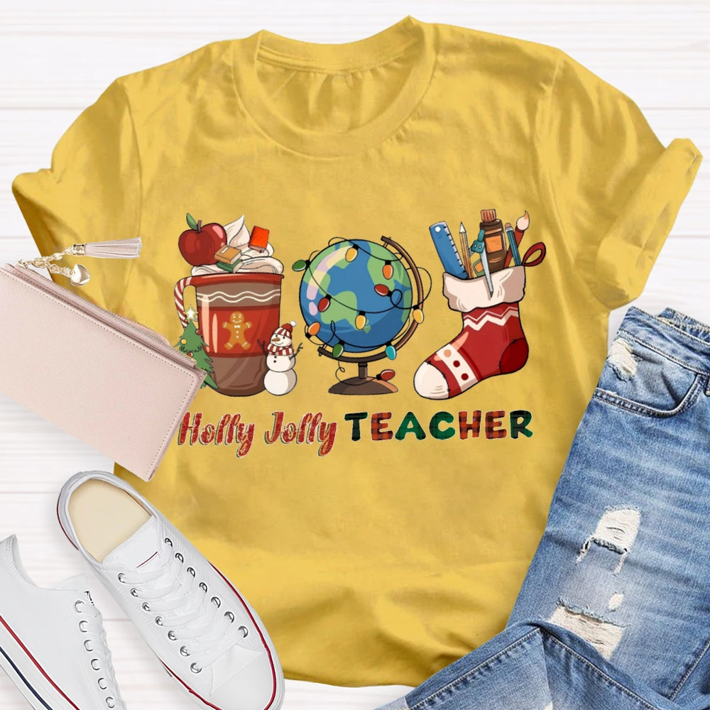 Personalized Name Teacher Globe And Christmas Stockings T-shirt
