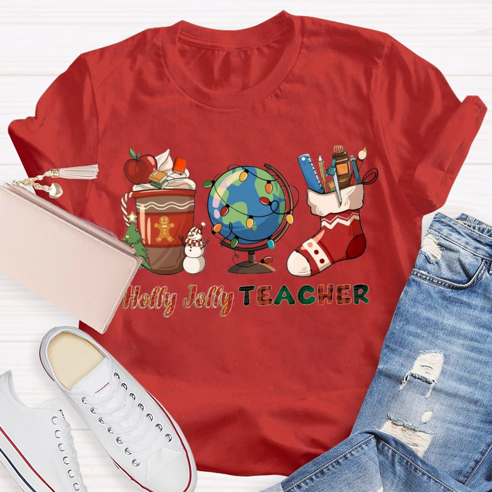 Personalized Name Teacher Globe And Christmas Stockings T-shirt