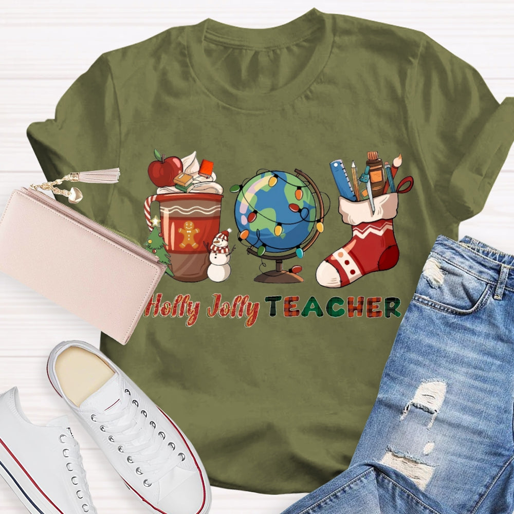 Personalized Name Teacher Globe And Christmas Stockings T-shirt