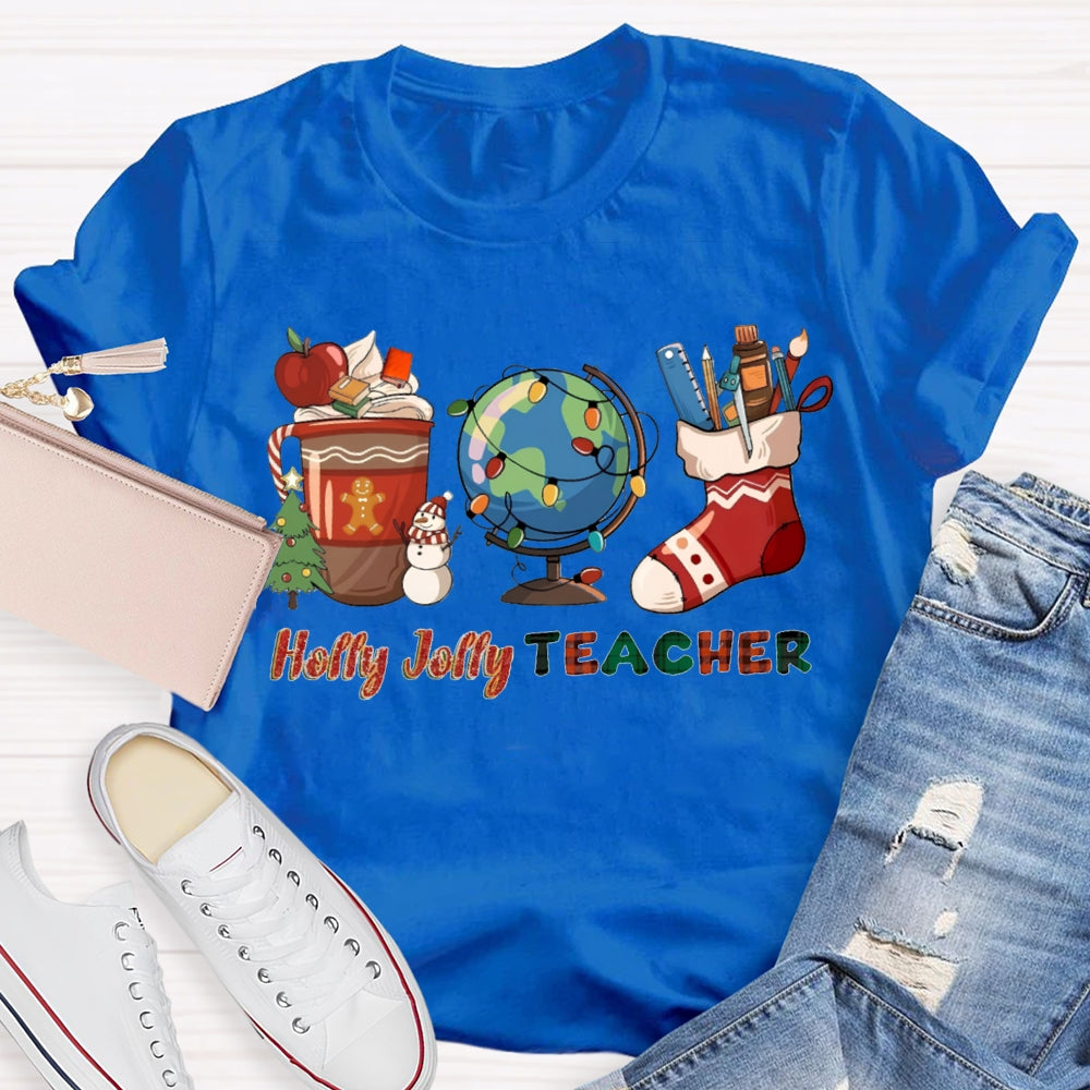 Personalized Name Teacher Globe And Christmas Stockings T-shirt