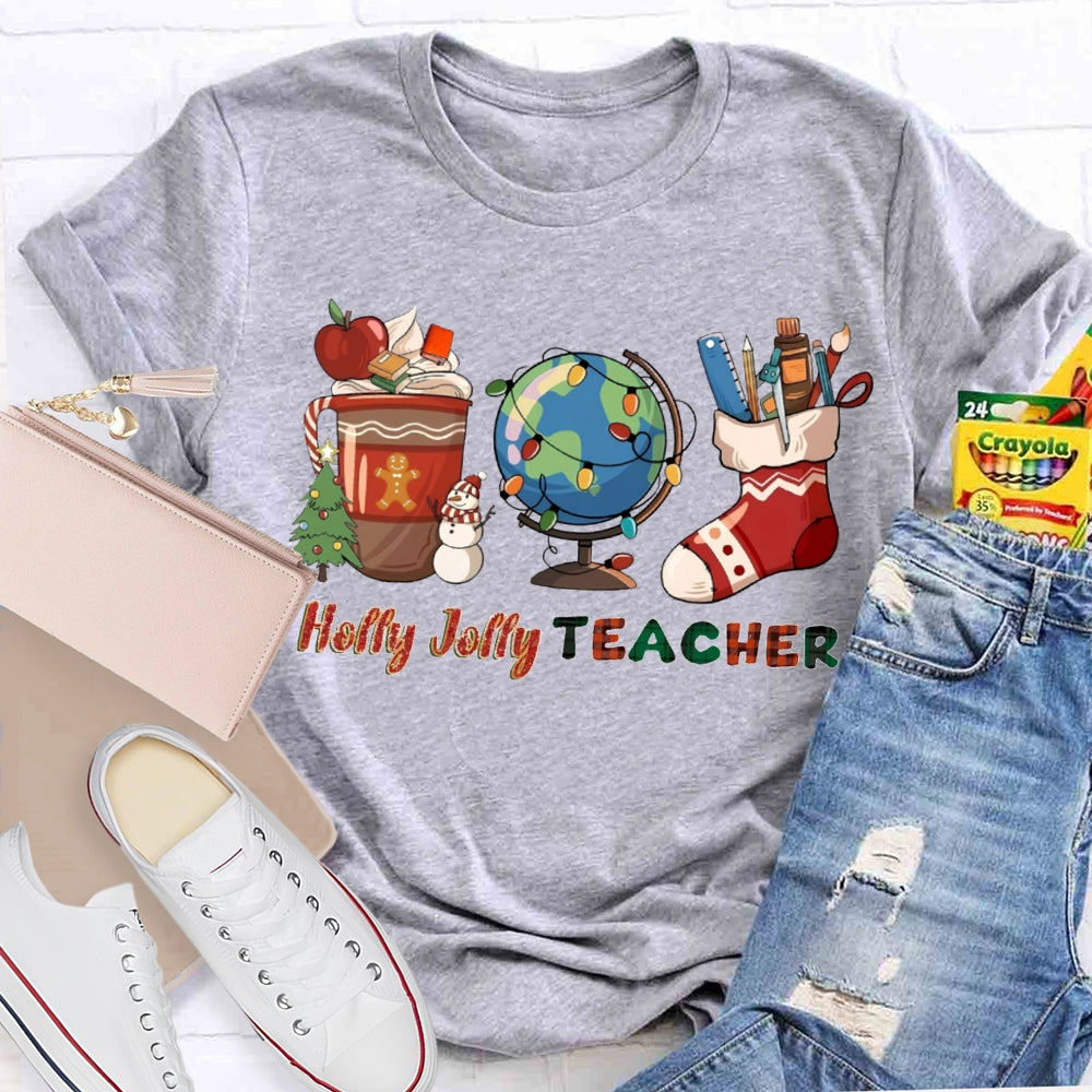Personalized Name Teacher Globe And Christmas Stockings T-shirt