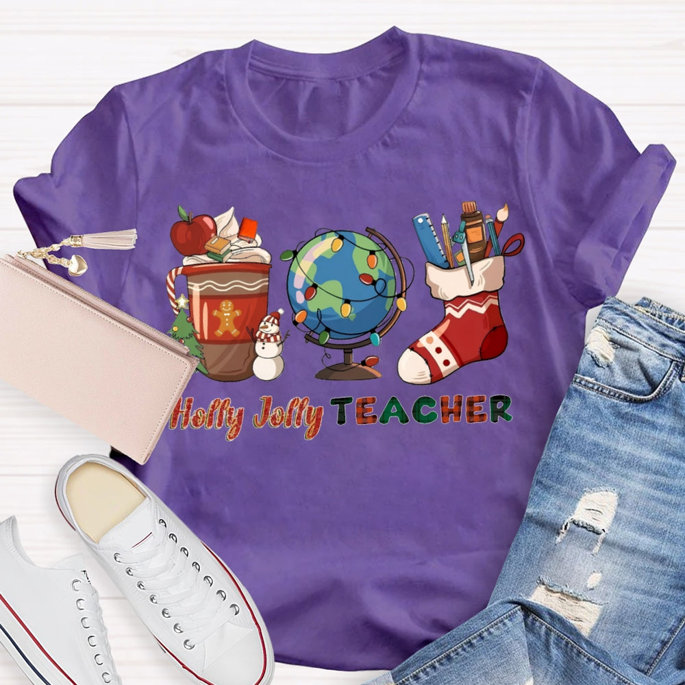 Personalized Name Teacher Globe And Christmas Stockings T-shirt