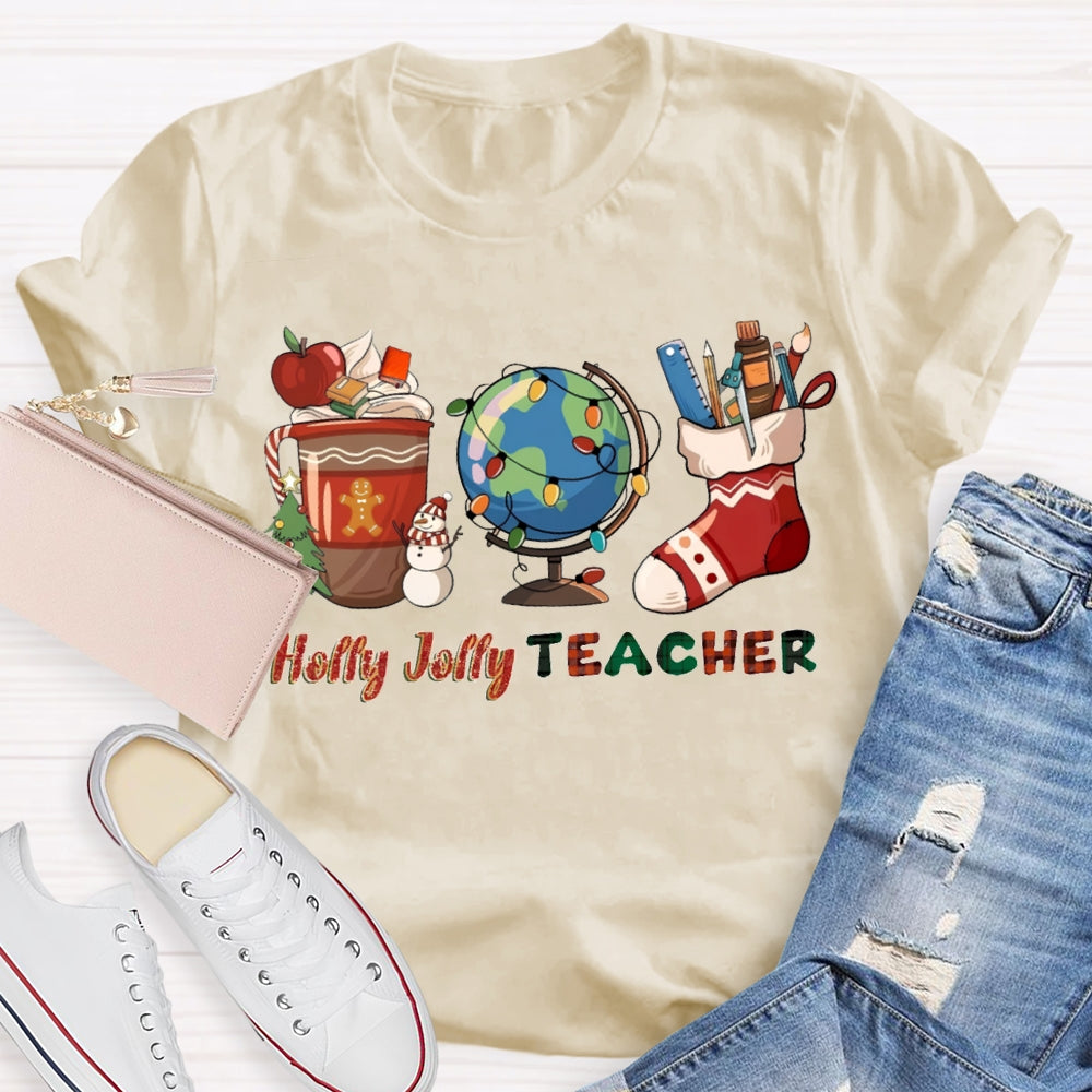 Personalized Name Teacher Globe And Christmas Stockings T-shirt