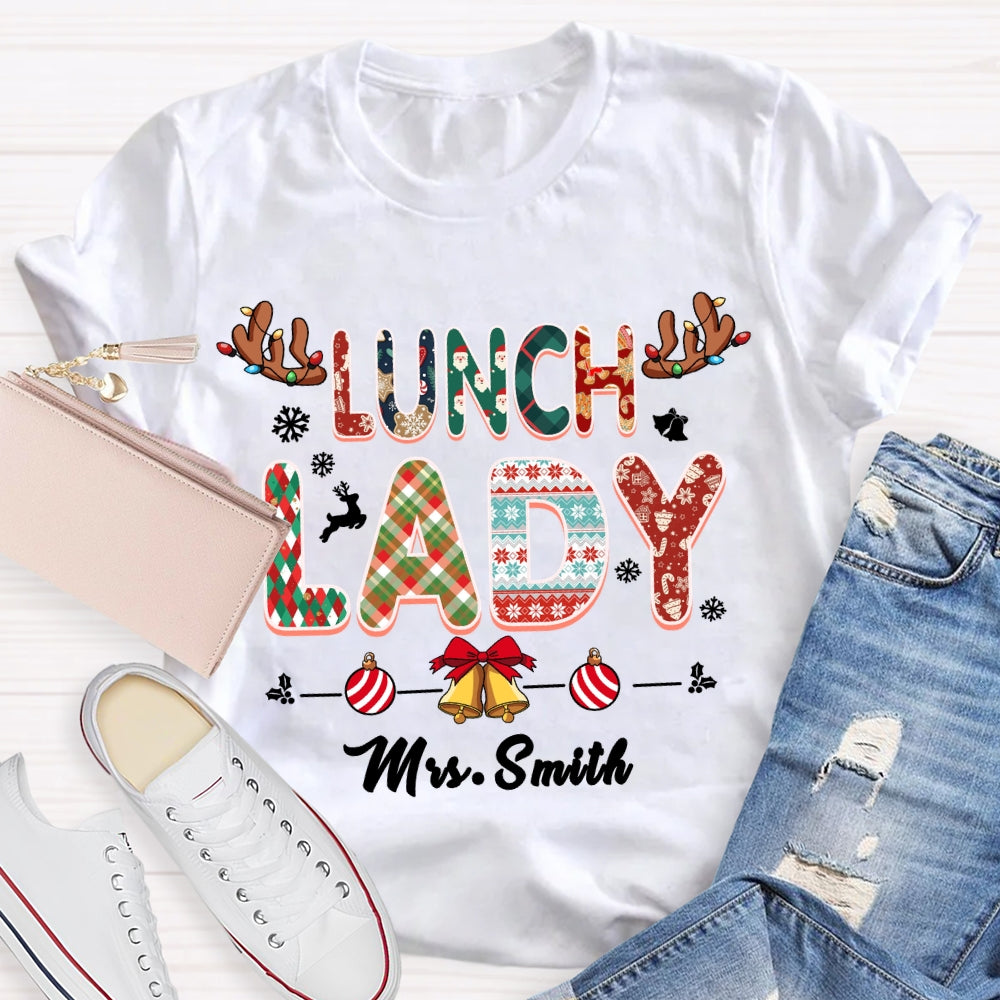 Personalized Name Lunch Lady Snowflake Bells Christmas T-shirt