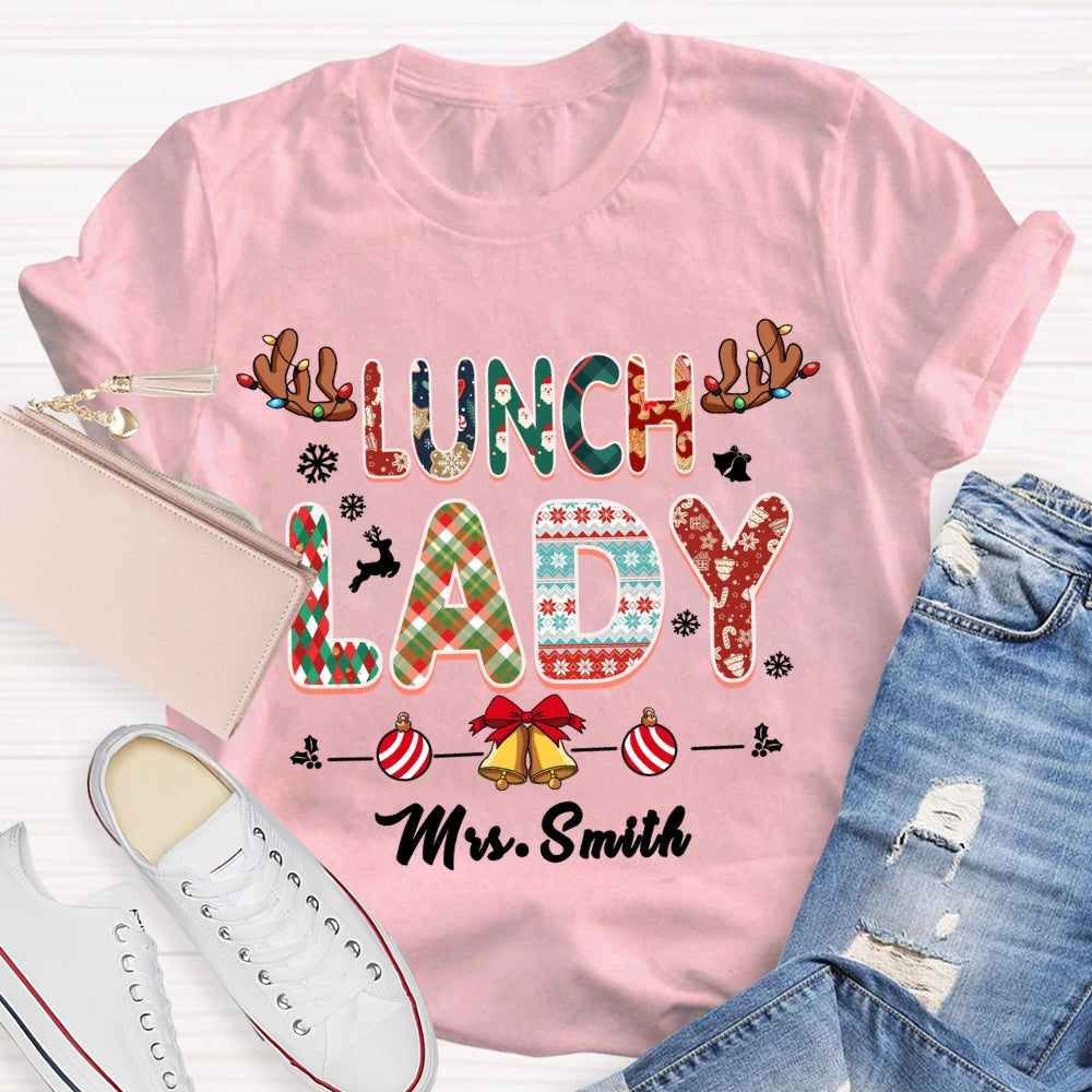 Personalized Name Lunch Lady Snowflake Bells Christmas T-shirt