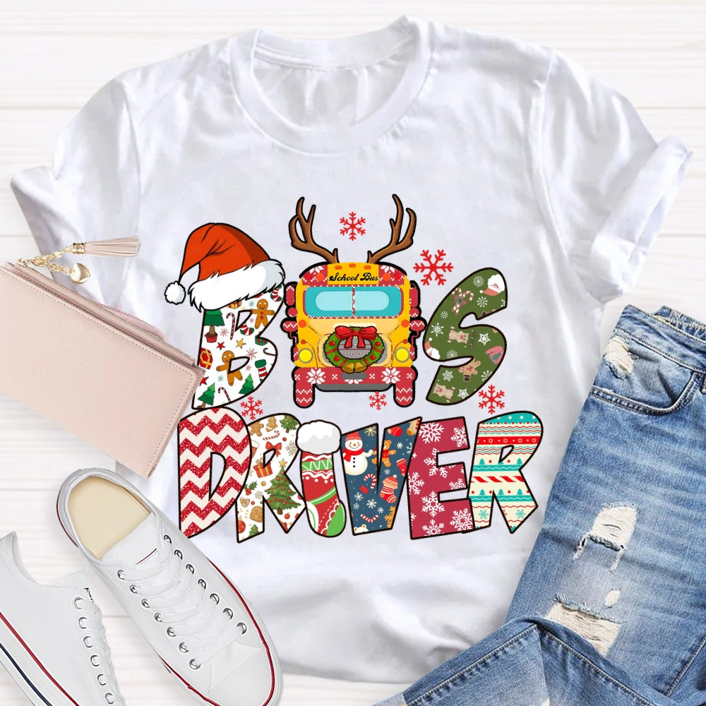Bus Driver Santa Hat And Snowflakes Christmas T-shirt