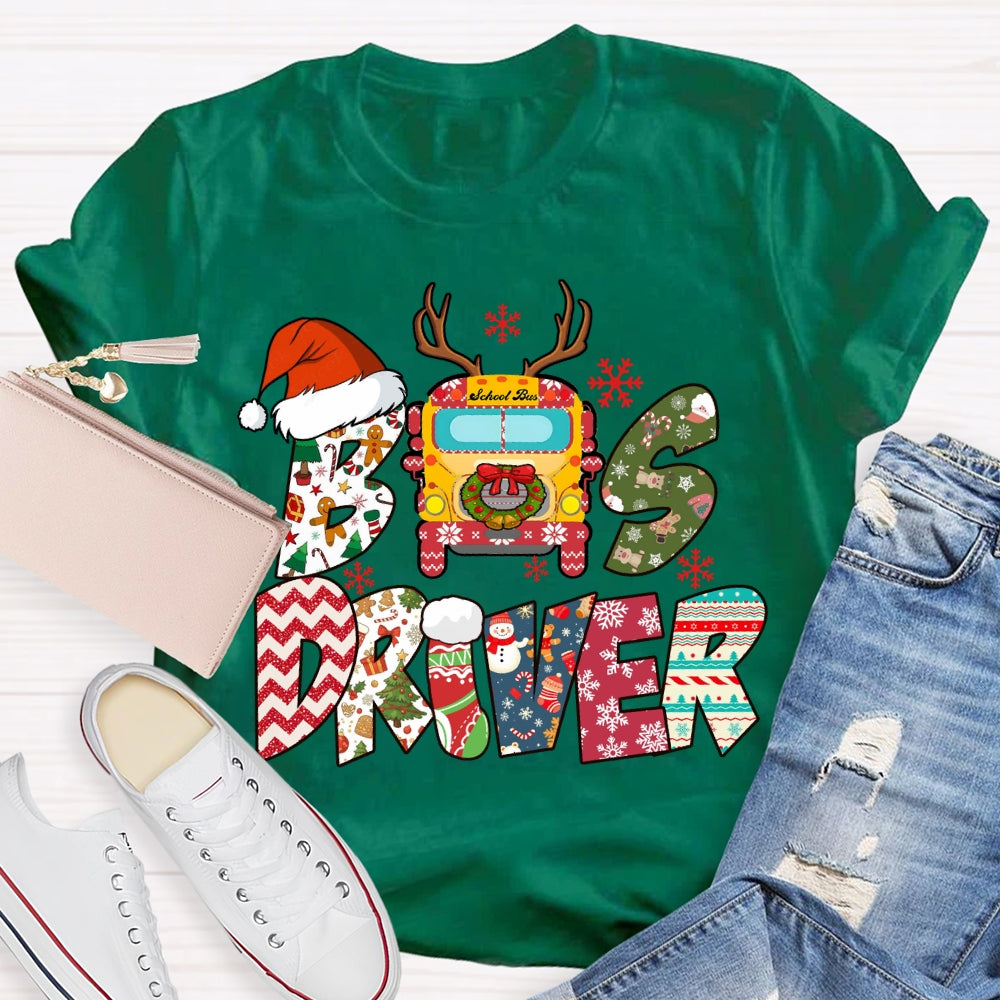 Bus Driver Santa Hat And Snowflakes Christmas T-shirt