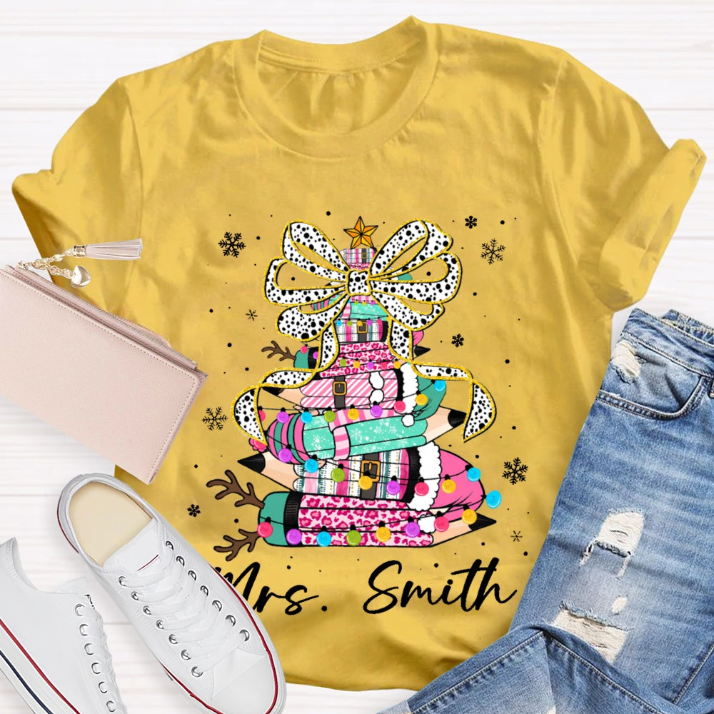 Personalized Name Bow And Colored Pencils Snowflake Christmas T-shirt