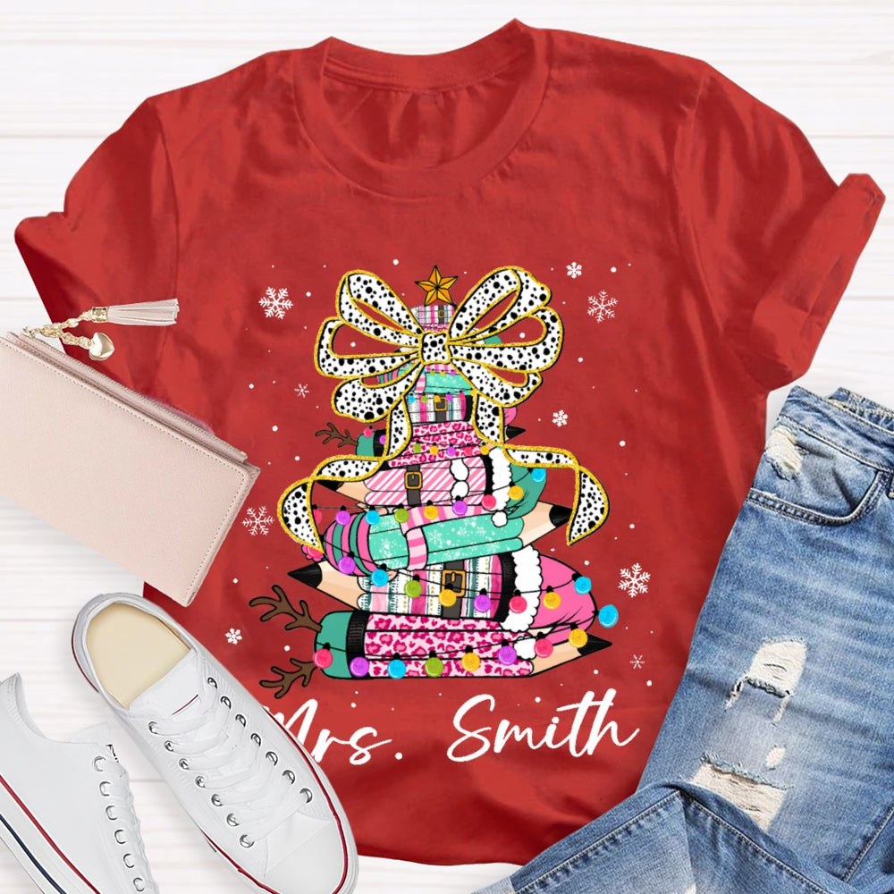 Personalized Name Bow And Colored Pencils Snowflake Christmas T-shirt