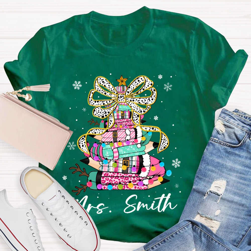 Personalized Name Bow And Colored Pencils Snowflake Christmas T-shirt