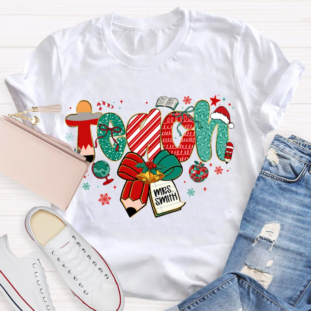 Personalized Name Teach Christmas Font With Bow And Snowflakes T-shirt