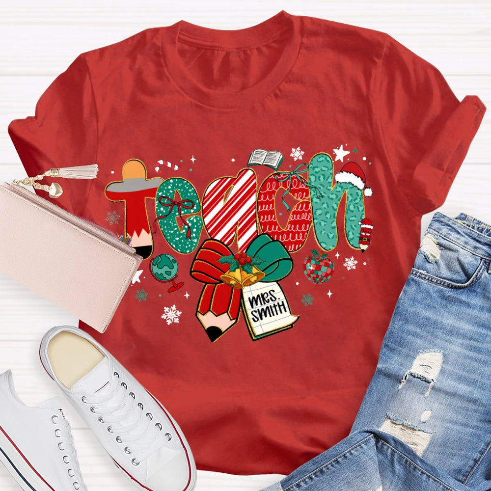 Personalized Name Teach Christmas Font With Bow And Snowflakes T-shirt