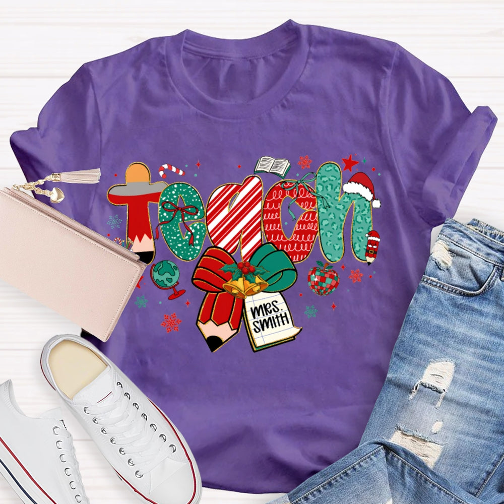 Personalized Name Teach Christmas Font With Bow And Snowflakes T-shirt