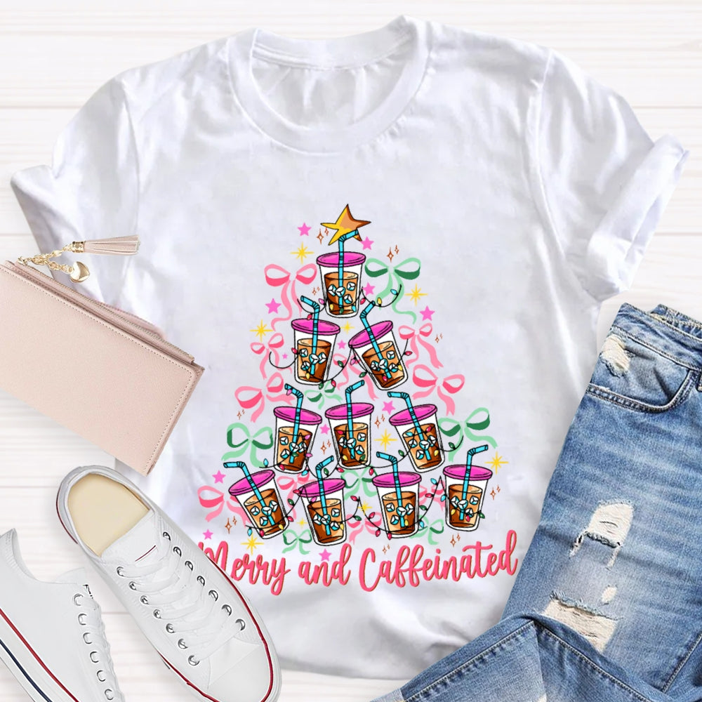 Merry And Caffeinated Colorful Bows And Coffee Christmas T-shirt