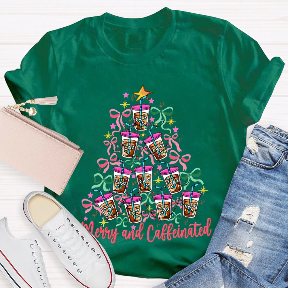 Merry And Caffeinated Colorful Bows And Coffee Christmas T-shirt