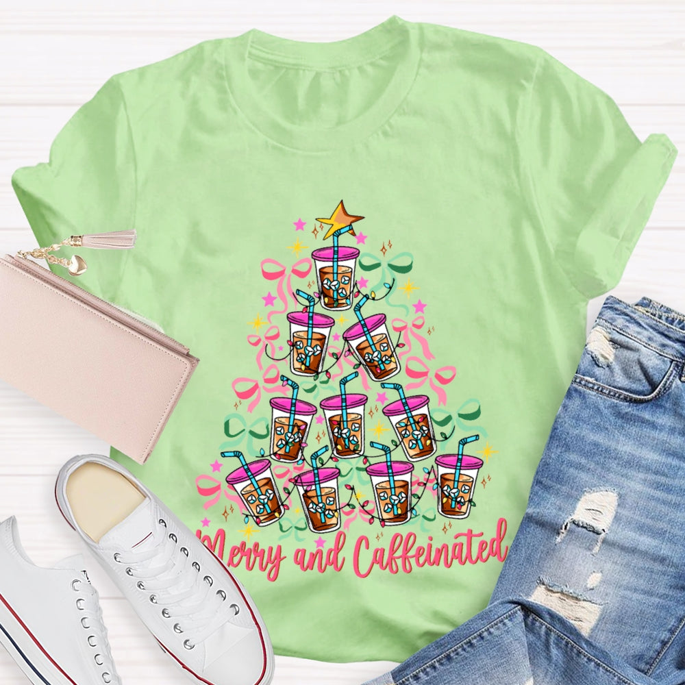 Merry And Caffeinated Colorful Bows And Coffee Christmas T-shirt
