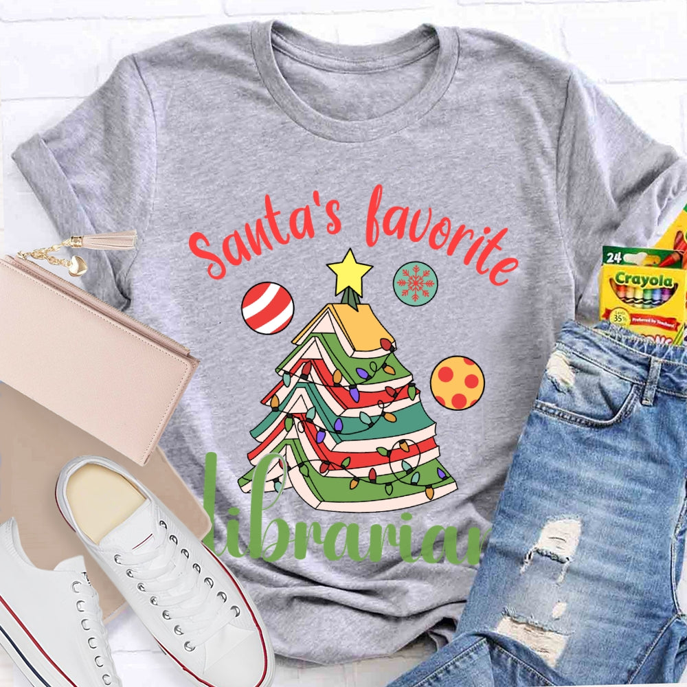 Santa'S Favorite Librarian Christmas Books And Lights T-shirt