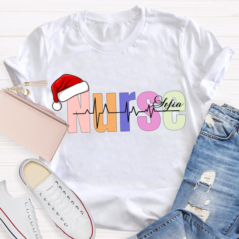 Personalized Name Christmas Nurse Santa Hat And Colorful Fonts T-shirt
