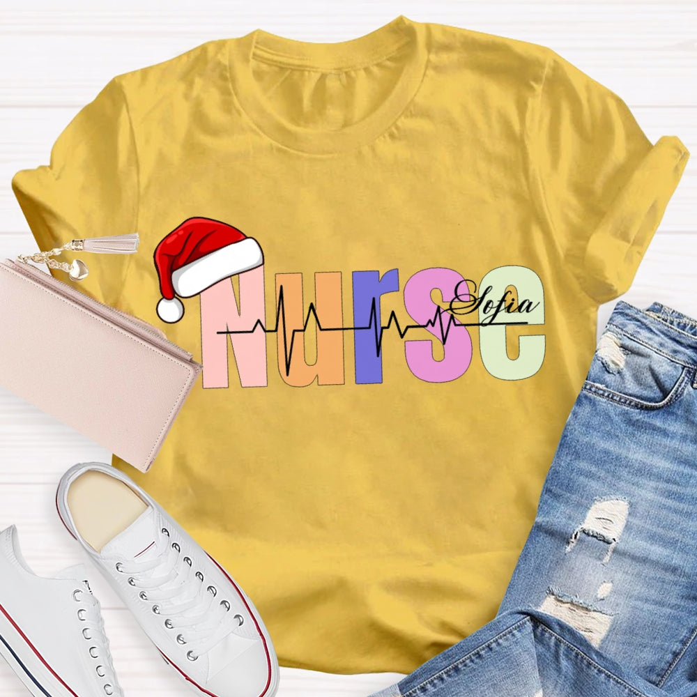Personalized Name Christmas Nurse Santa Hat And Colorful Fonts T-shirt