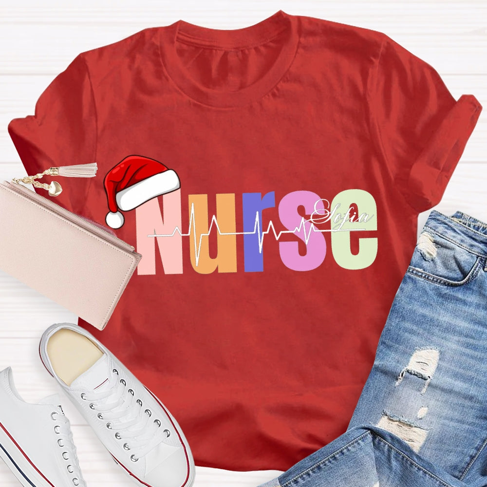 Personalized Name Christmas Nurse Santa Hat And Colorful Fonts T-shirt