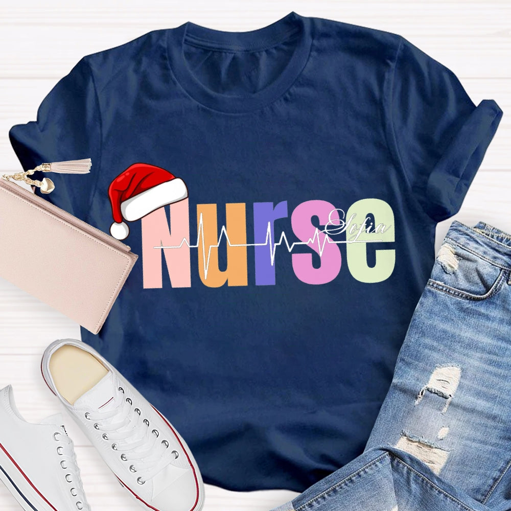 Personalized Name Christmas Nurse Santa Hat And Colorful Fonts T-shirt