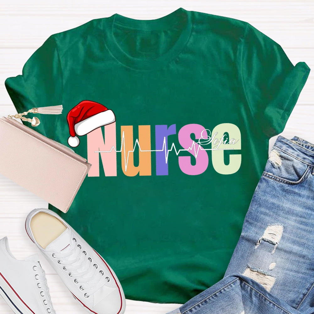 Personalized Name Christmas Nurse Santa Hat And Colorful Fonts T-shirt