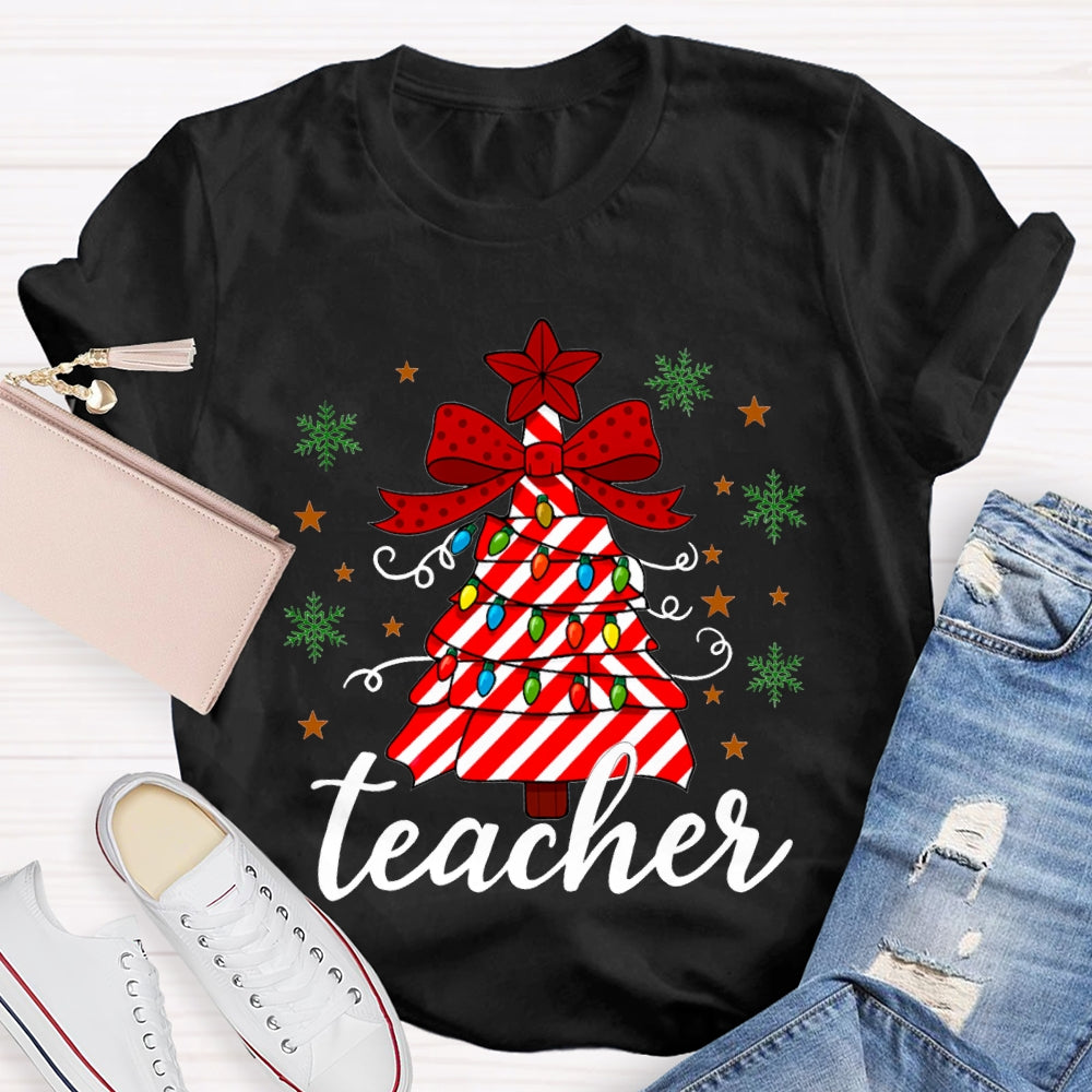 Bow Christmas Tree And Colorful Lights Teacher Christmas T-shirt