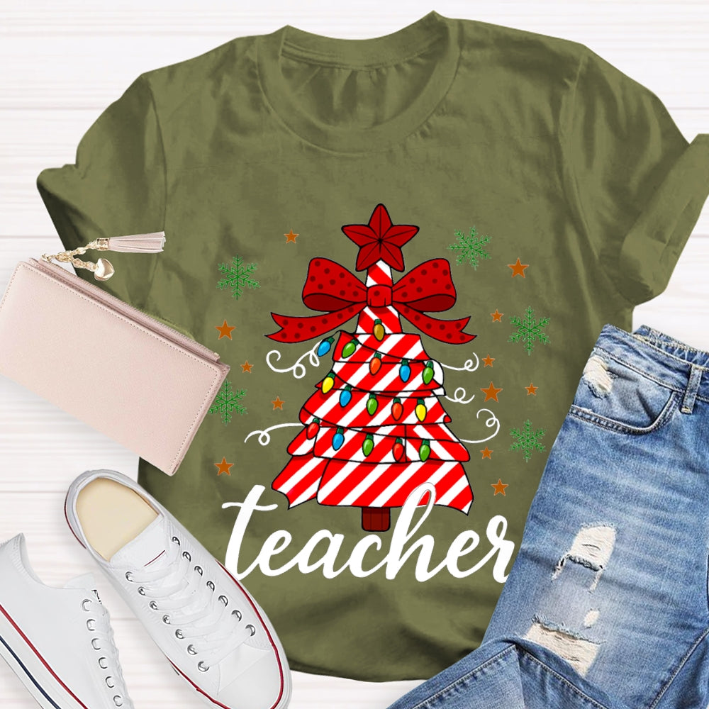 Bow Christmas Tree And Colorful Lights Teacher Christmas T-shirt