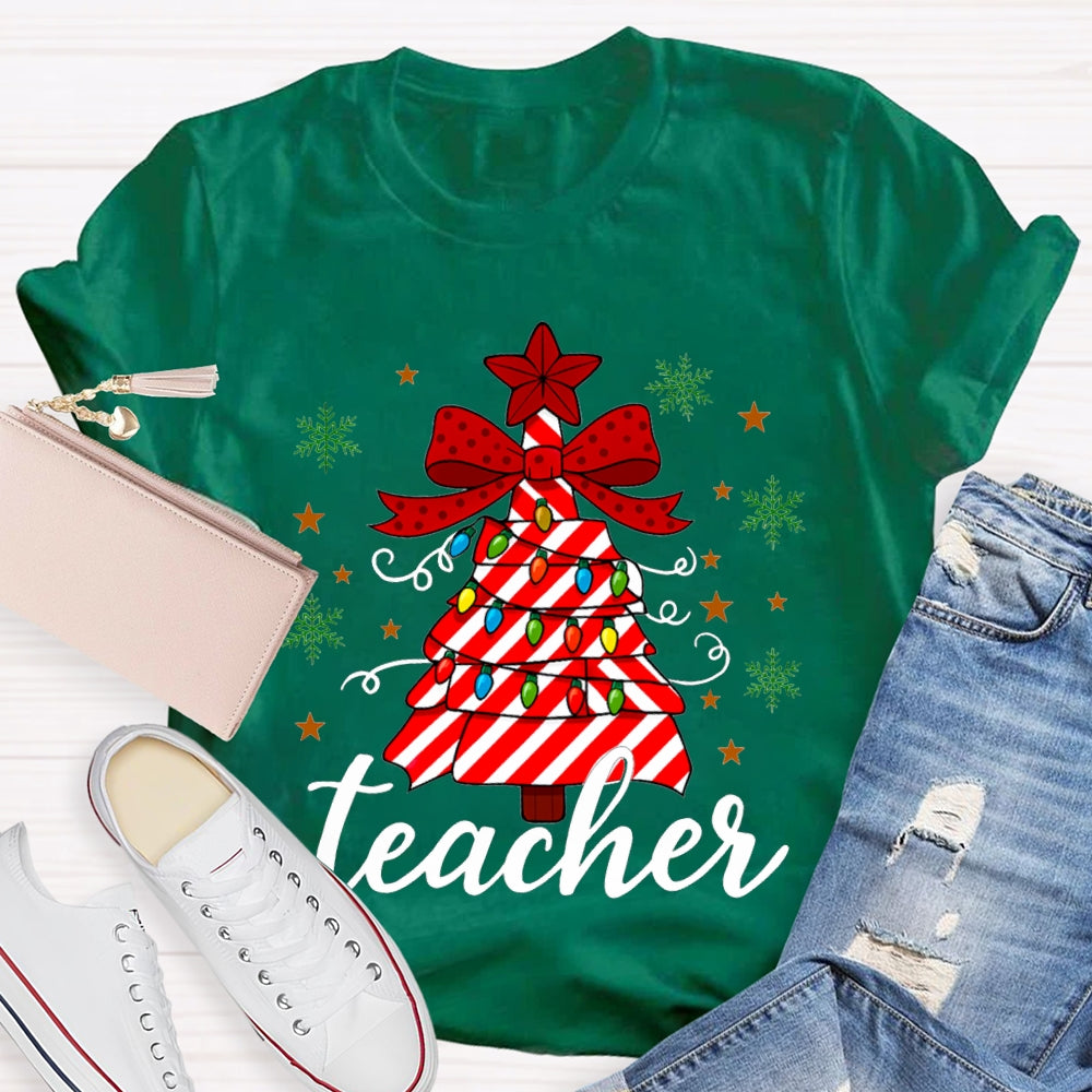 Bow Christmas Tree And Colorful Lights Teacher Christmas T-shirt