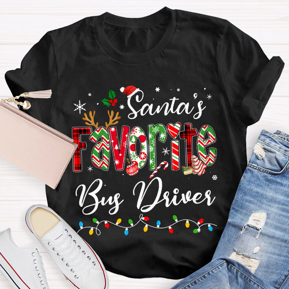 Santa Favorite Bus Driver Christmas Lights And Colorful Fonts Christmas T-shirt