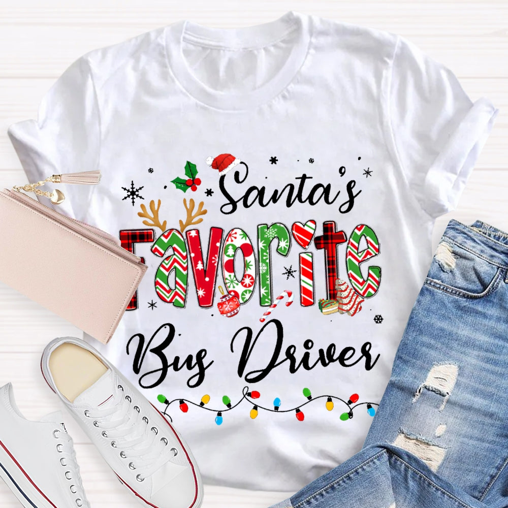 Santa Favorite Bus Driver Christmas Lights And Colorful Fonts Christmas T-shirt