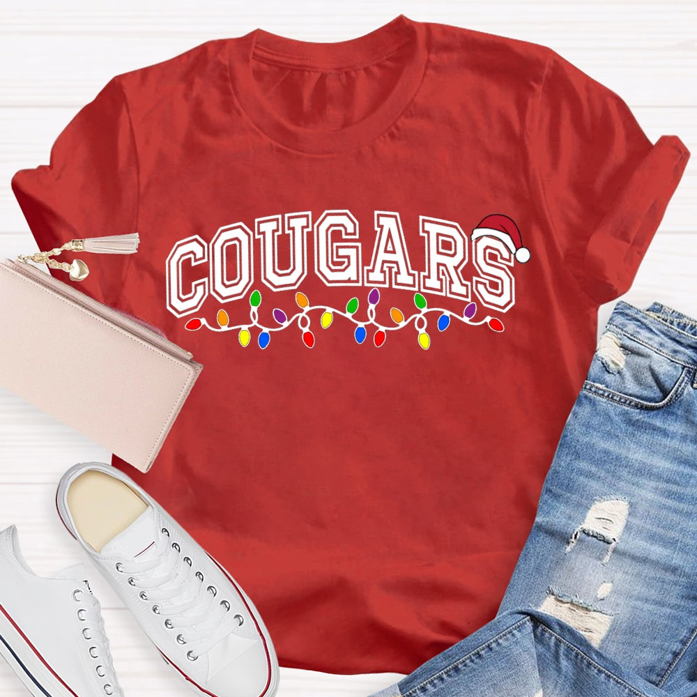 Personalized School Mascot Cougars Santa Hats And Christmas Lights T-shirt