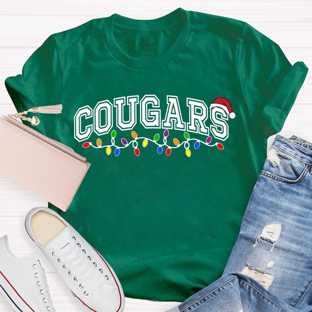 Personalized School Mascot Cougars Santa Hats And Christmas Lights T-shirt