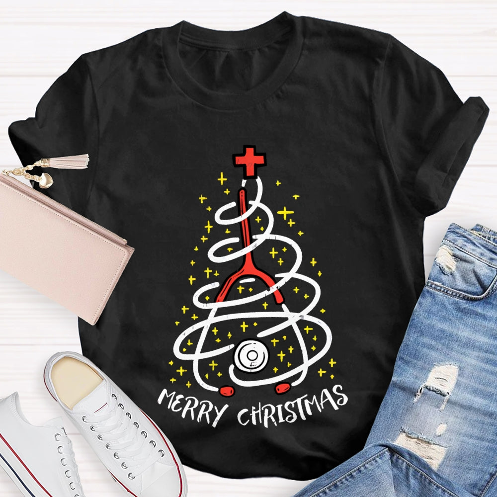 Merry Christmas School Nurse Stethoscope Christmas Tree T-shirt