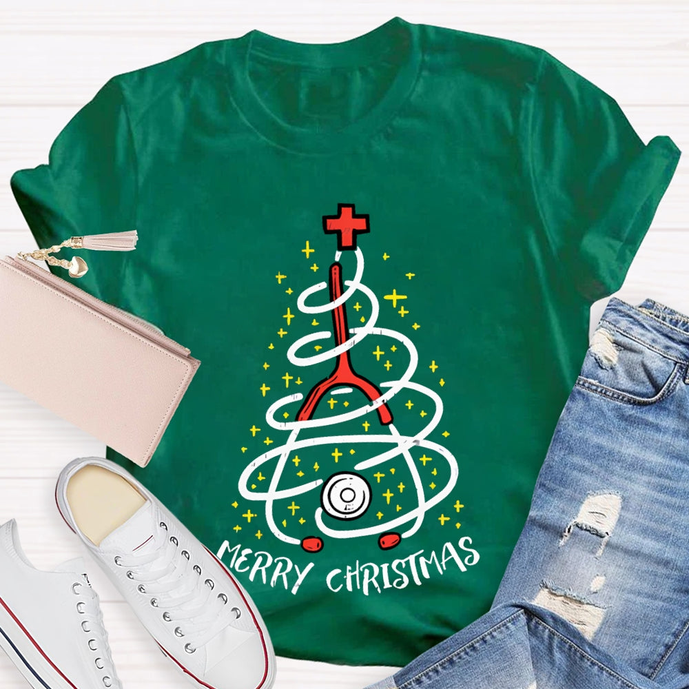 Merry Christmas School Nurse Stethoscope Christmas Tree T-shirt
