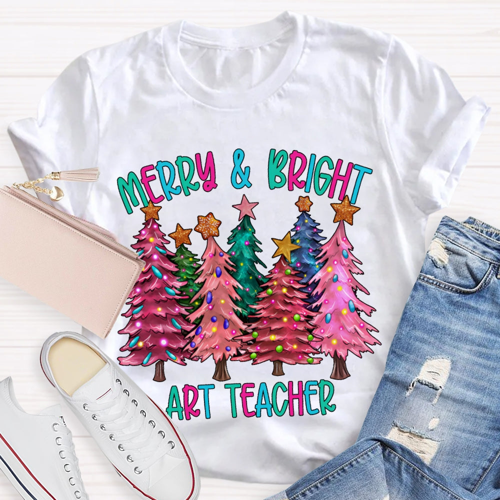 Merry And Bright Art Teacher Colorful Christmas Tree T-shirt