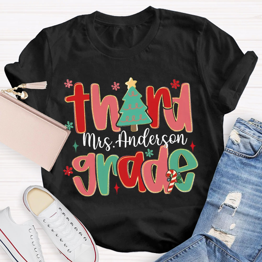 Personalized Name And Grade Teacher Christmas Tree T-shirt