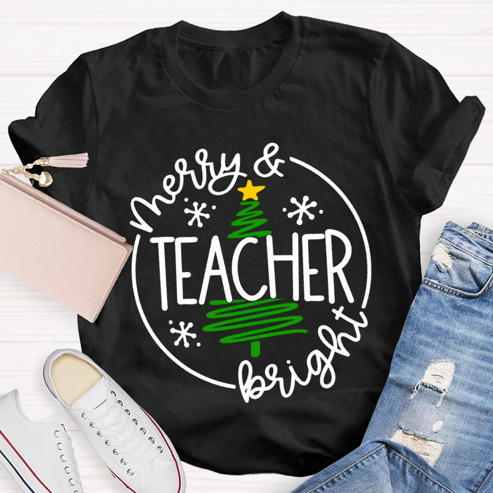 Merry And Teacher Bright Christmas Tree T-shirt
