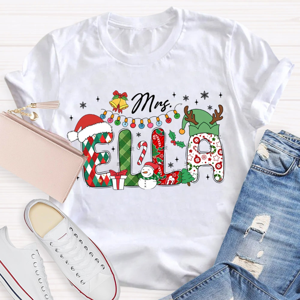 Personalized Name Teacher Santa Hat And Lights Christmas T-shirt