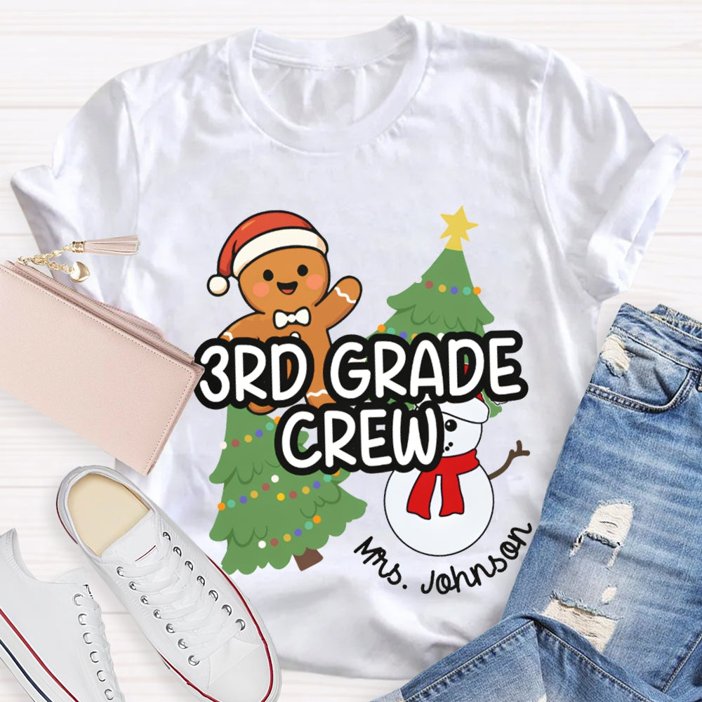 Personalized Name And Grade Third Grade Crew Christmas Tree And Snowman T-shirt