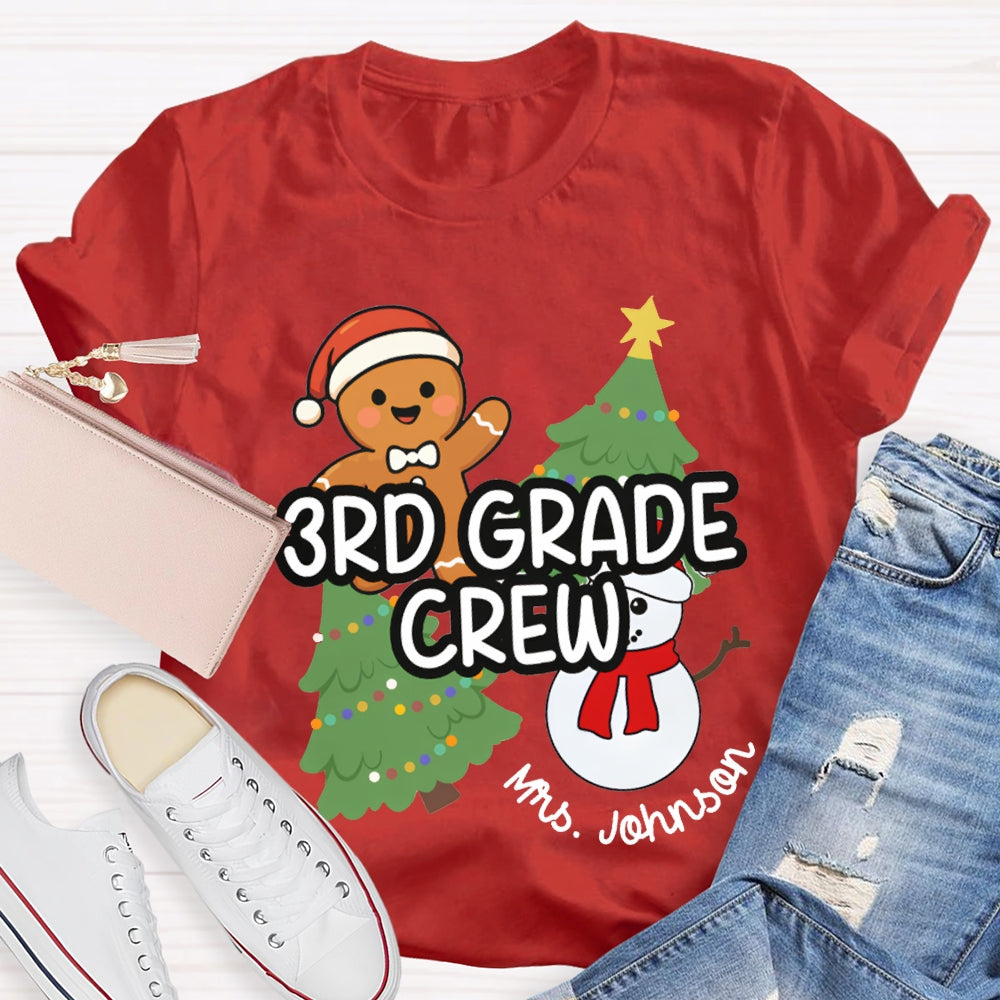 Personalized Name And Grade Third Grade Crew Christmas Tree And Snowman T-shirt