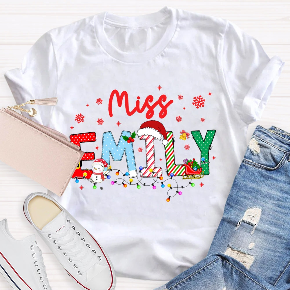 Personalized Name Christmas Lights And Snowflakes Christmas Teacher T-shirt
