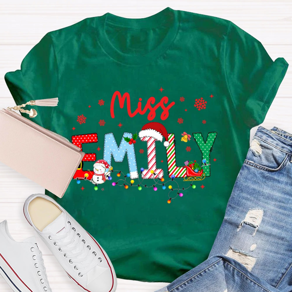 Personalized Name Christmas Lights And Snowflakes Christmas Teacher T-shirt