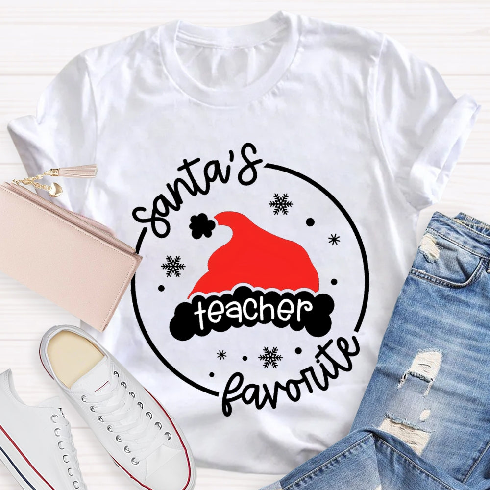 Santa'S Favorite Teacher Santa Hat And Snowflakes T-shirt