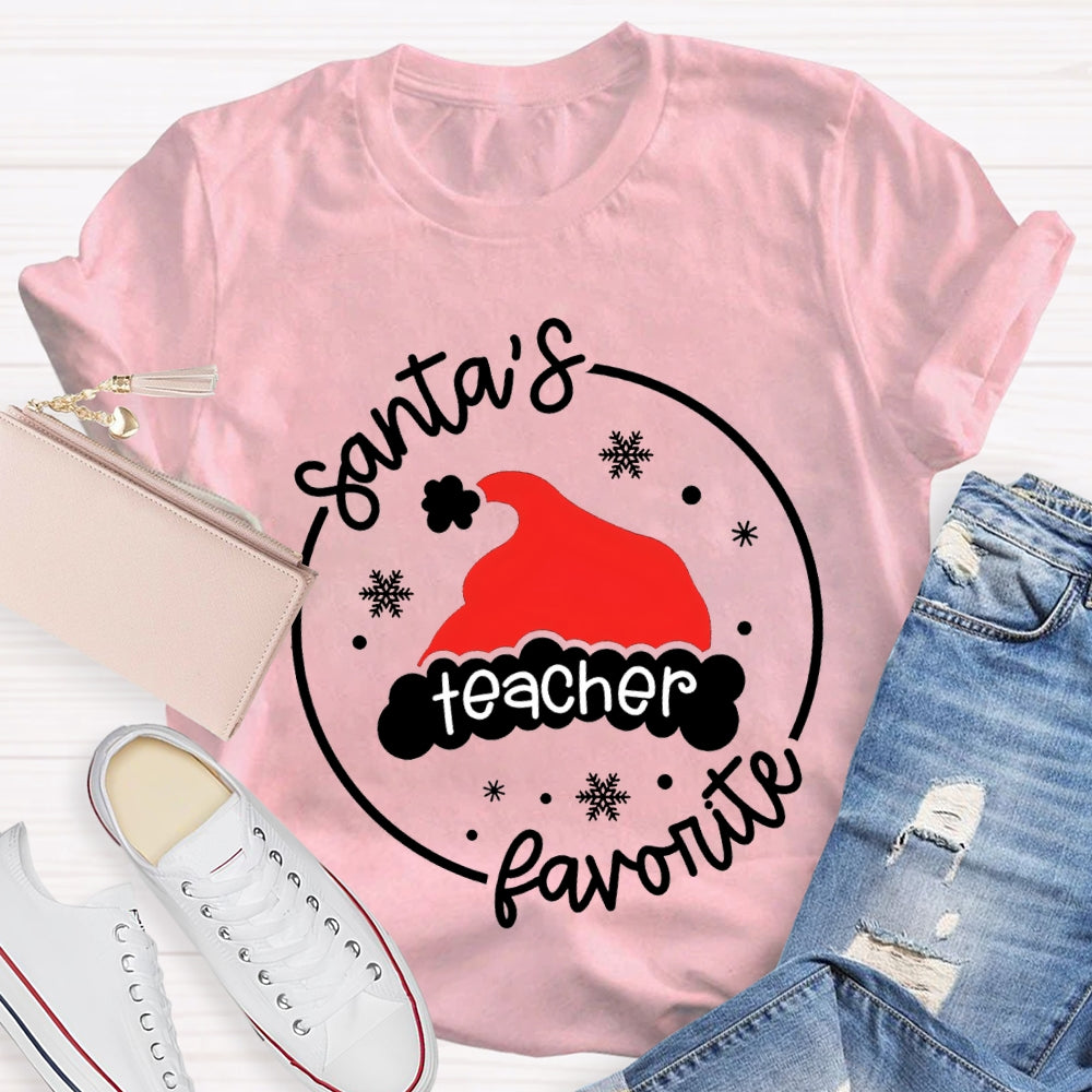 Santa'S Favorite Teacher Santa Hat And Snowflakes T-shirt
