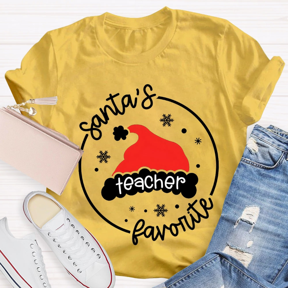 Santa'S Favorite Teacher Santa Hat And Snowflakes T-shirt